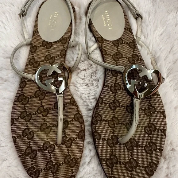 Gucci Tan and Brown Logo Sandals with heart buckle-good condition 💯 authentic - Picture 1 of 4